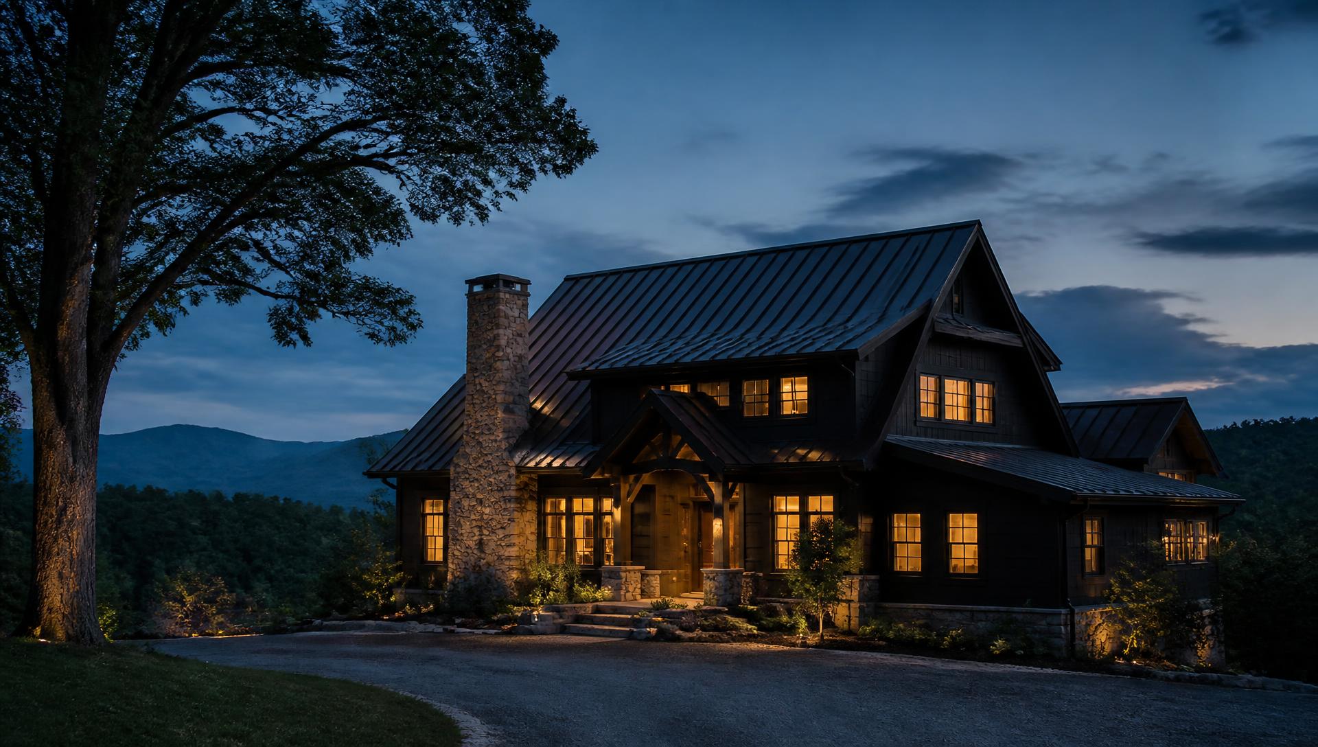 Craftsman-style home in the Blue Ridge mountains at dusk