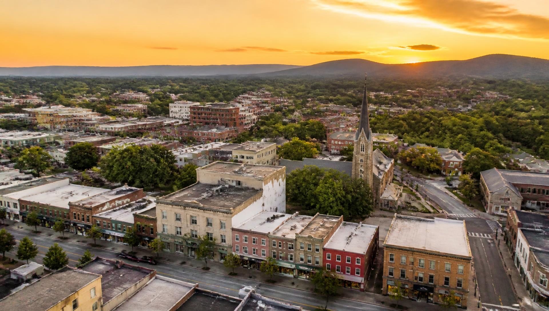 Aerial view of downtown Blacksburg, Virginia at sunset